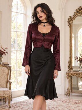 VTG CDC Burgundy Satin Cardigan Shrug Womens 4 Button Crop Whimsigoth Vamp Y2K